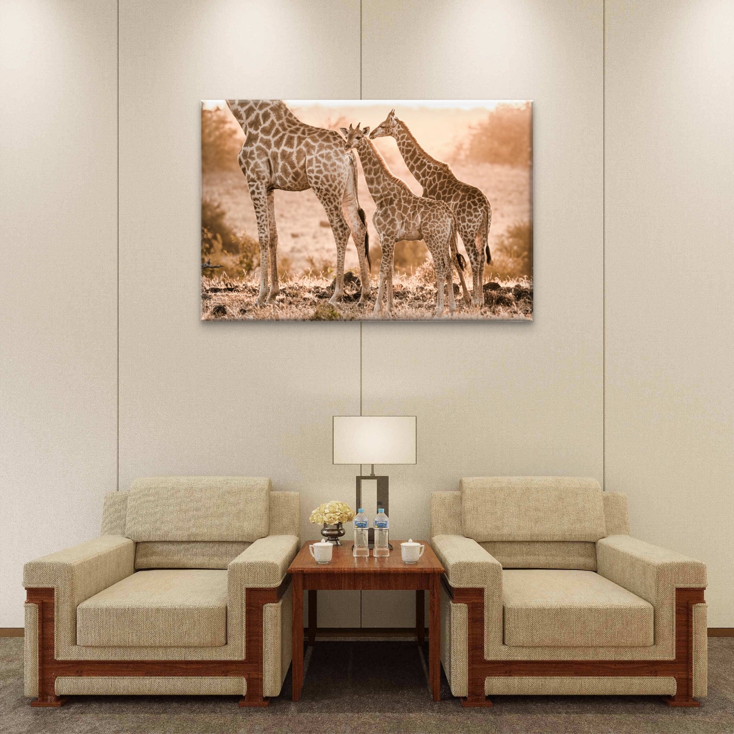 Family Of Giraffes at Golden Sunset Safari Savanna Grass Wall Art Decor 100% Australian Made