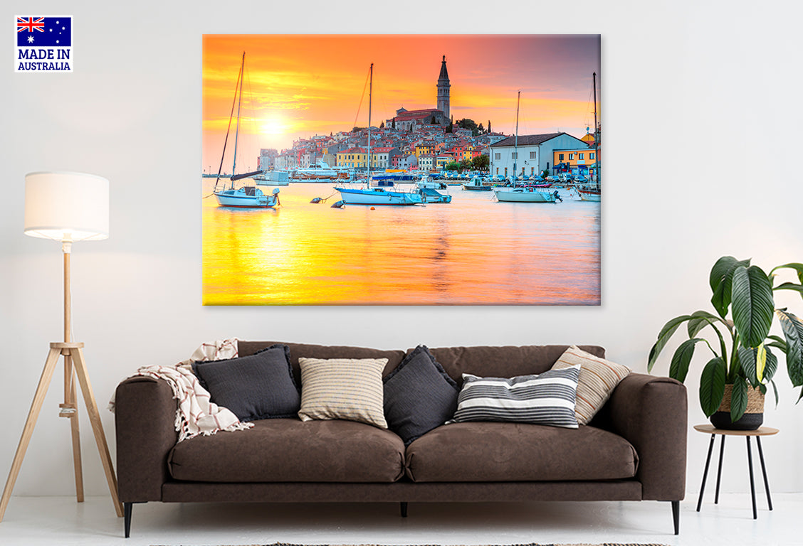 Golden Old Town of Rovinj Harbour with Sunset Croatia Wall Art Decor 100% Australian Made