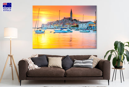 Golden Old Town of Rovinj Harbour with Sunset Croatia Wall Art Decor 100% Australian Made
