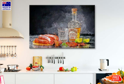 Stylized Still Life with a Bottle of Vodka or Moonshine with a Glass, Bacon, Sausage and Cucumber Wall Art Limited Edition High Quality Print