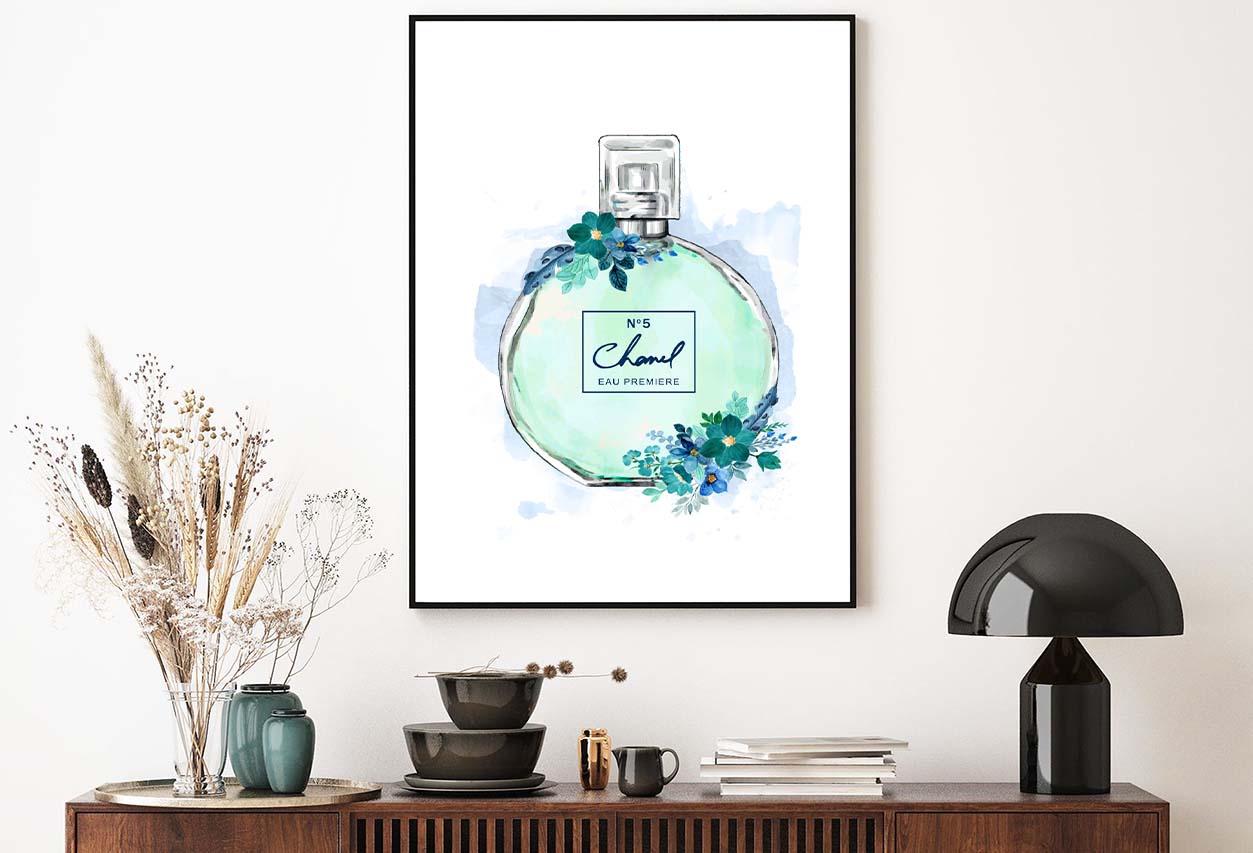 Green Colored Perfume with Flowers Design Home Decor Premium Quality Poster Print Choose Your Sizes