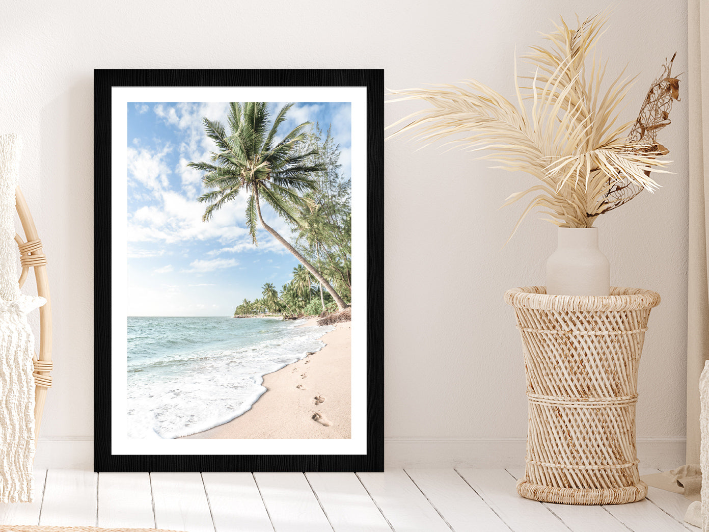 Palm Tree & Sandy Beach View Photograph Glass Framed Wall Art, Ready to Hang Quality Print With White Border Black