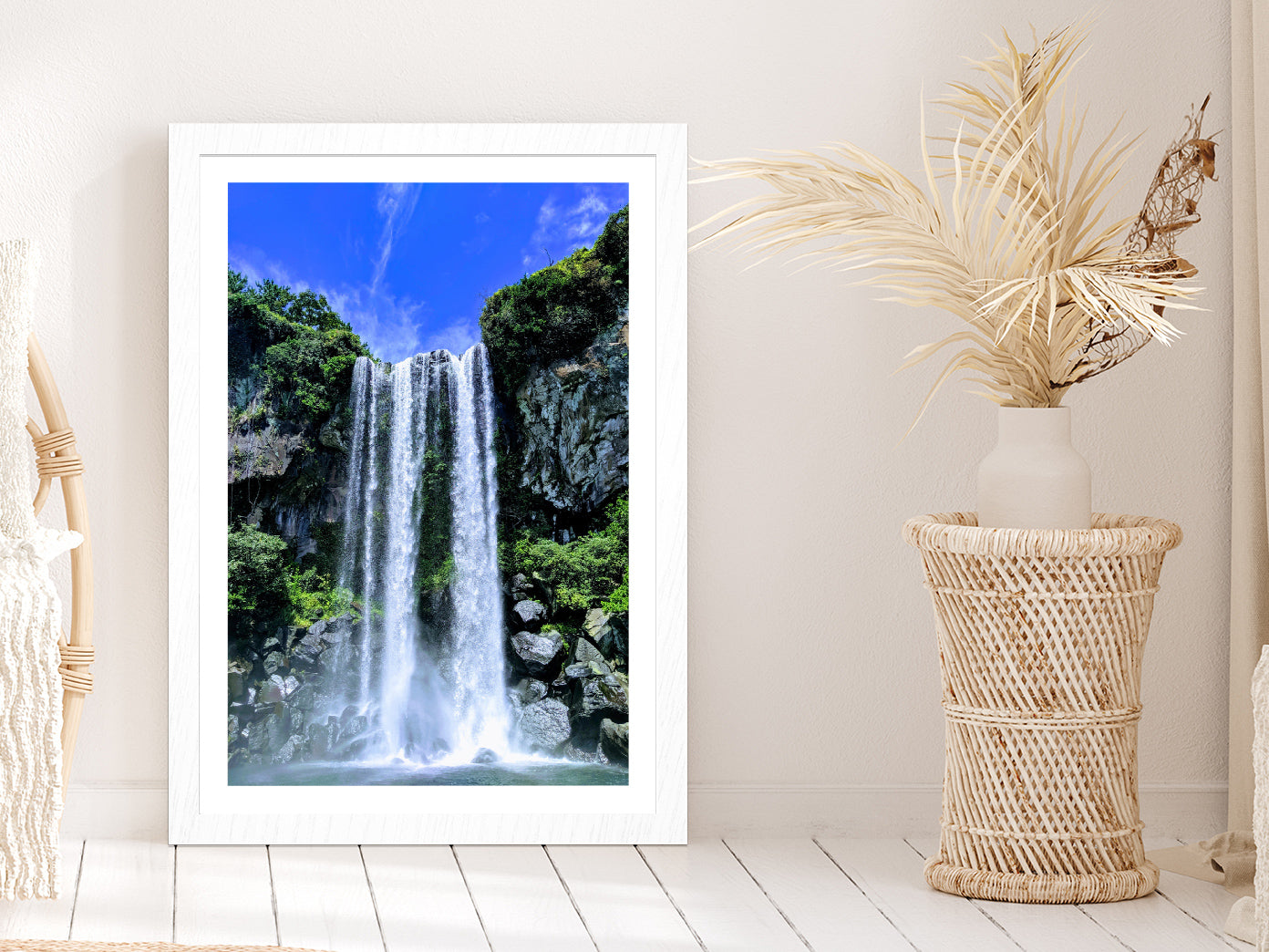 Rocky Mountain & Jeju Waterfall Glass Framed Wall Art, Ready to Hang Quality Print With White Border White