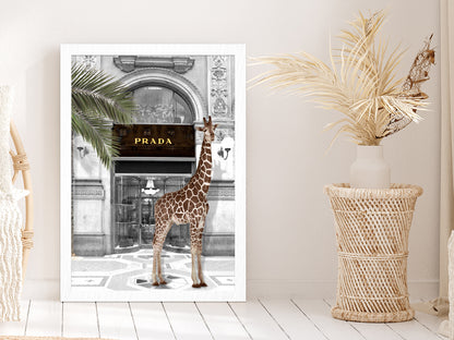 Girrafe near Fashion Store Digital Art Glass Framed Wall Art, Ready to Hang Quality Print Without White Border White