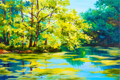 Lake In The Forest Oil Painting Glass Framed Wall Art, Ready to Hang Quality Print