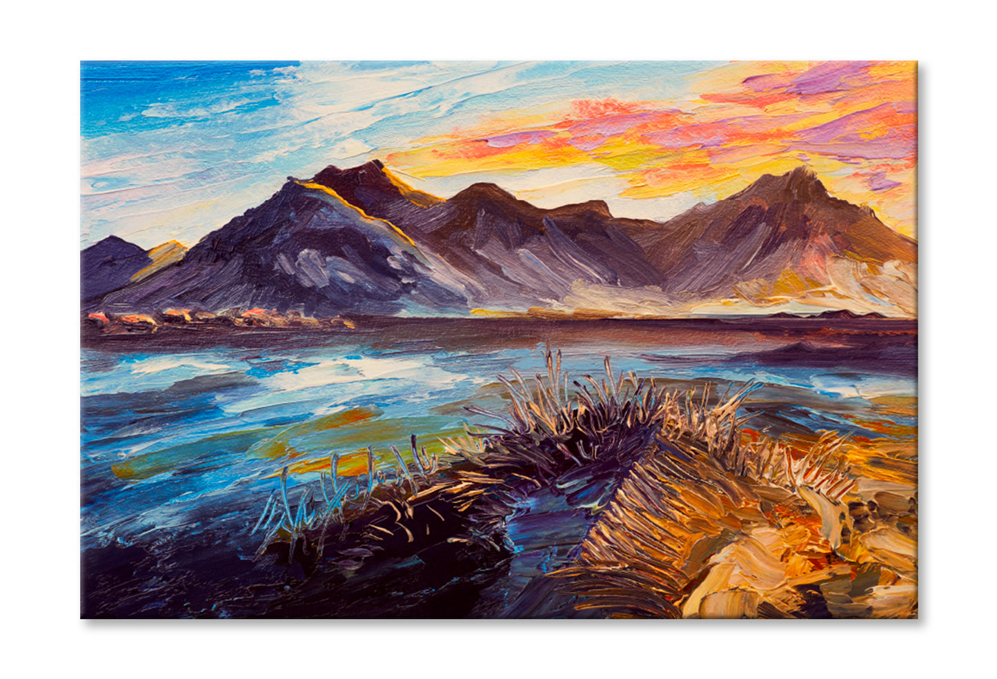 Pink Sunset, Sea, Mountains Oil Painting Limited Edition High Quality Print Stretched Canvas None