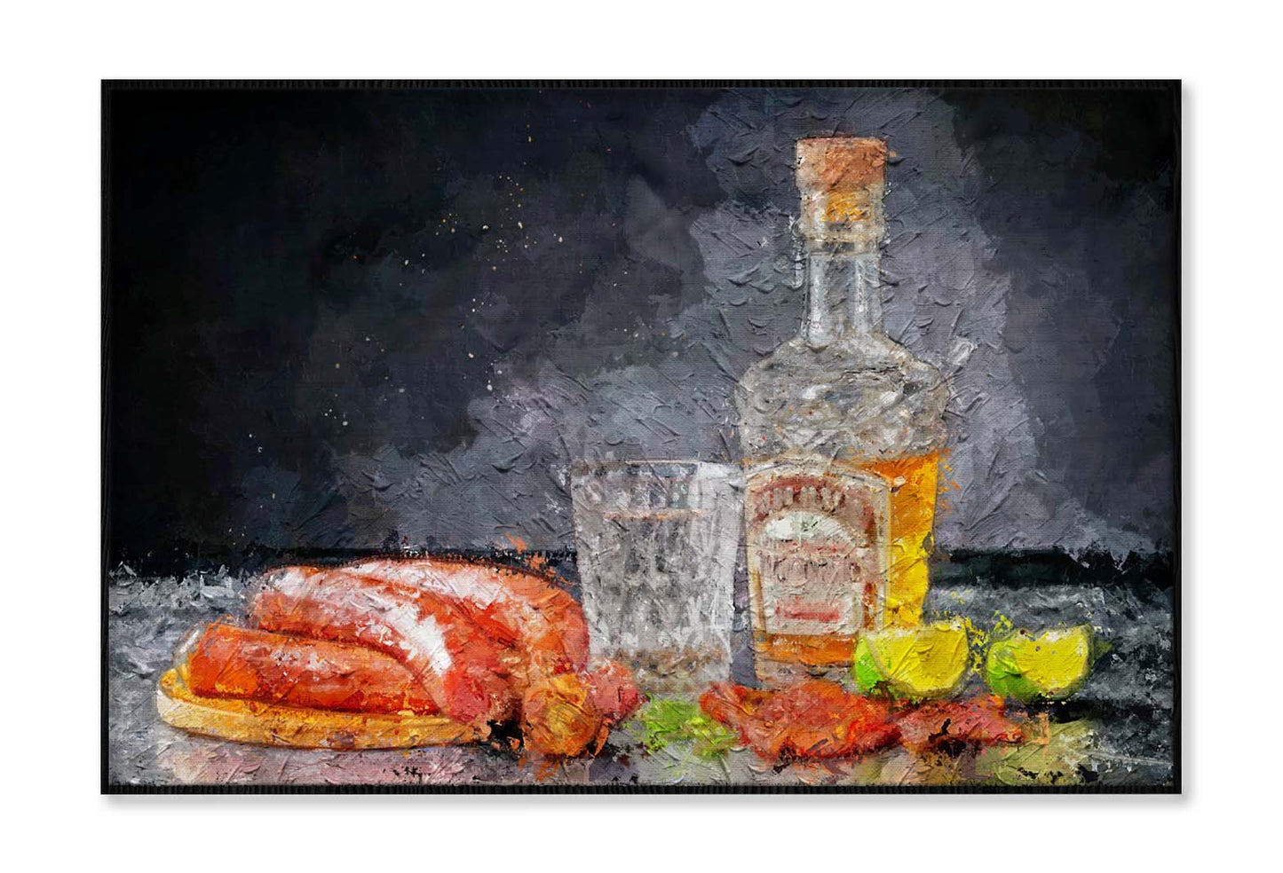 Stylized Still Life with a Bottle of Vodka or Moonshine with a Glass, Bacon, Sausage and Cucumber Wall Art Limited Edition High Quality Print