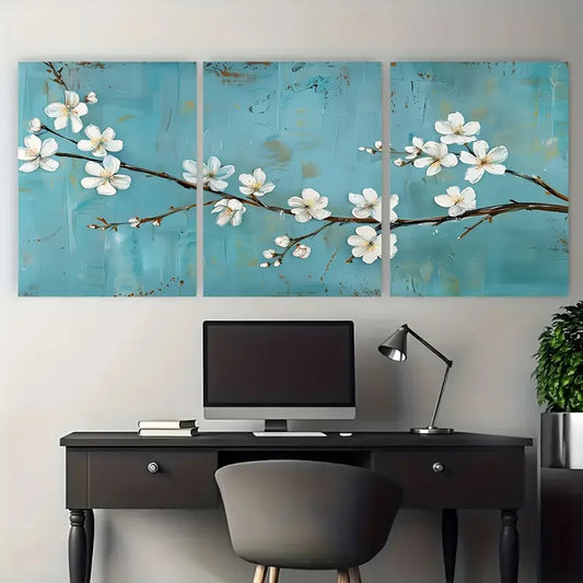 3pcs White Cherry Blossom Tree Branch Metal Print Ready to Hang Art