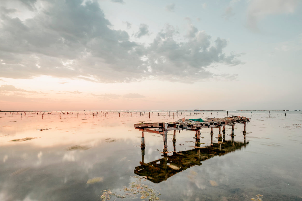 Water Reflection of Moody Sunset with Wooden Pier Wall Art Decor 100% Australian Made