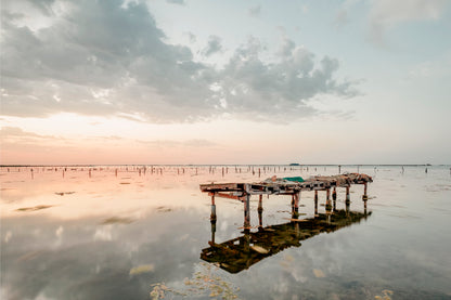 Water Reflection of Moody Sunset with Wooden Pier Wall Art Decor 100% Australian Made