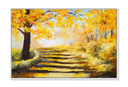 Yellow Autumn Trees & Pathway Oil Painting Wall Art Limited Edition High Quality Print Canvas Box Framed White