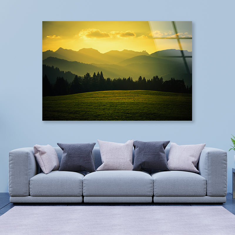 Green Grass Land with Yellow Sky Acrylic Glass Print Tempered Glass Wall Art 100% Made in Australia Ready to Hang