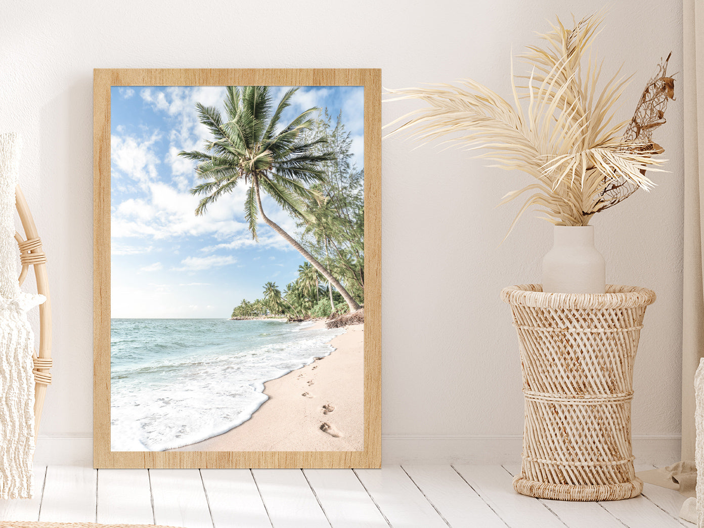 Palm Tree & Sandy Beach View Photograph Glass Framed Wall Art, Ready to Hang Quality Print Without White Border Oak