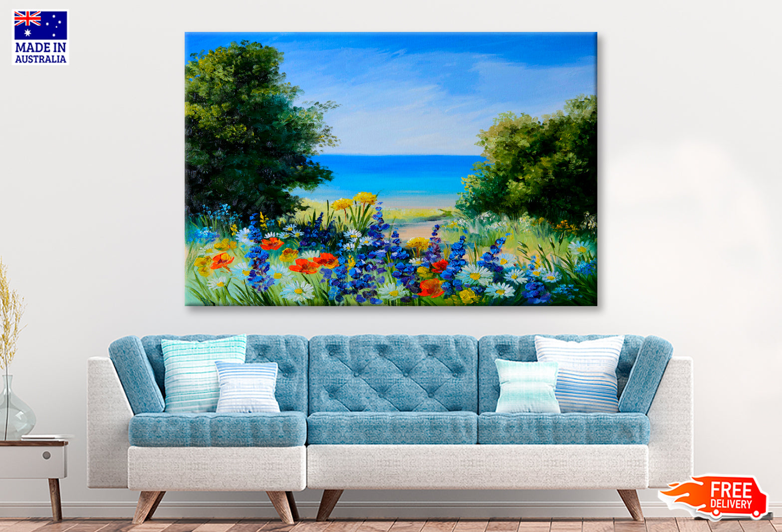 Field Near The Sea, Wild Flowers Oil Painting Wall Art Limited Edition High Quality Print