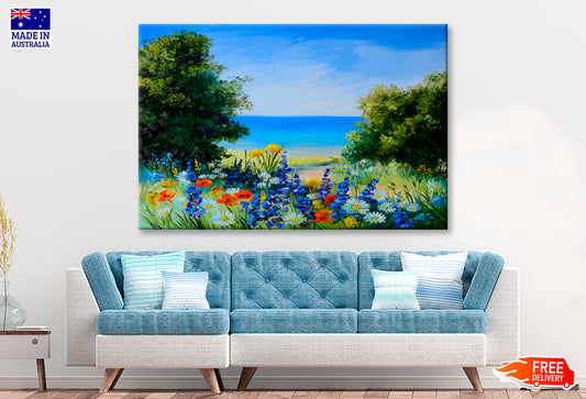 Field Near The Sea, Wild Flowers Oil Painting Wall Art Limited Edition High Quality Print