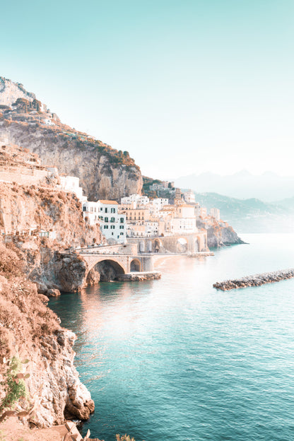 Italy Old City near Sea Blue Sky Photograph Glass Framed Wall Art, Ready to Hang Quality Print