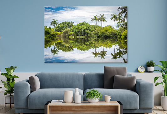 Palm Trees Reflected in Lake, Miami Wall Art Decor 100% Australian Made
