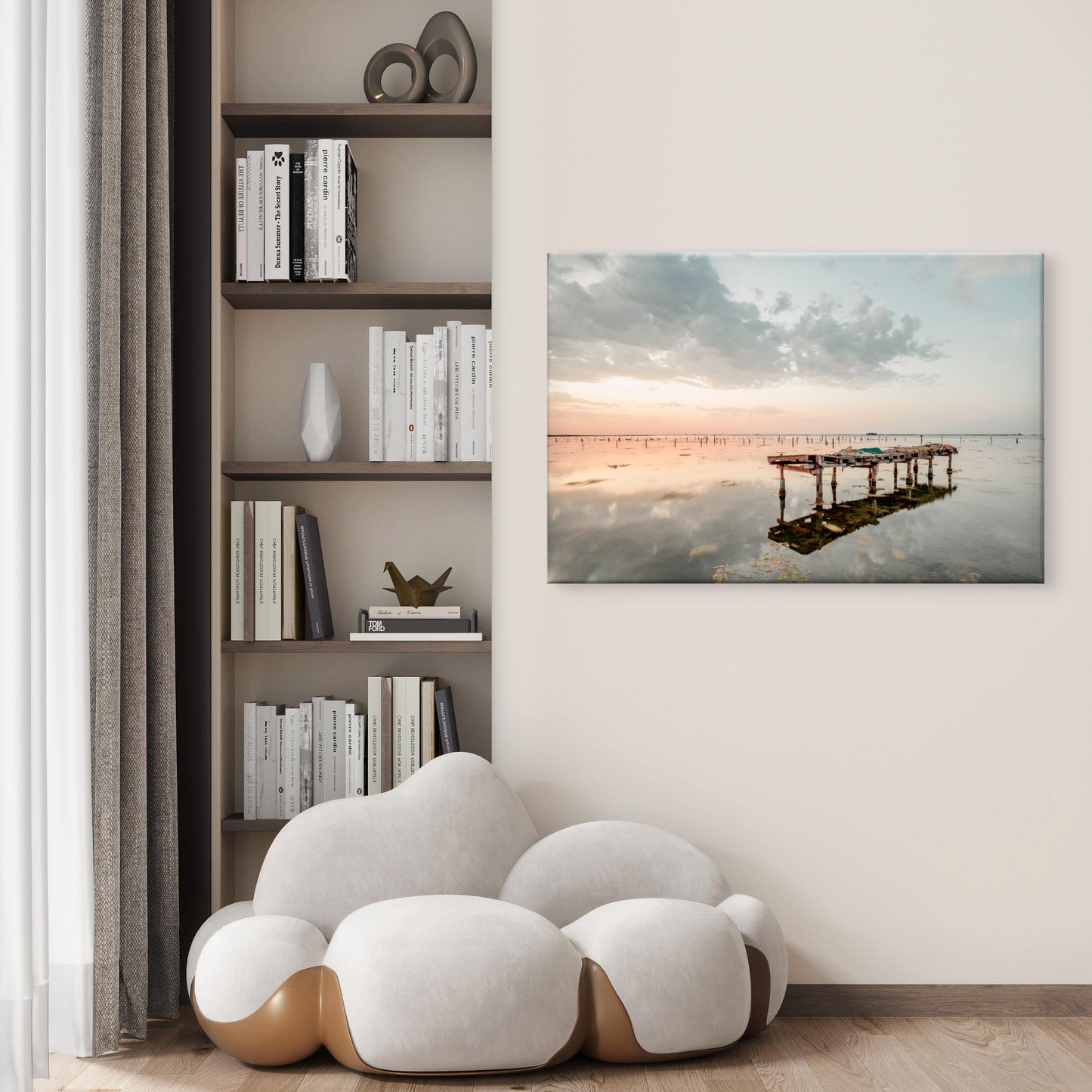 Water Reflection of Moody Sunset with Wooden Pier Wall Art Decor 100% Australian Made