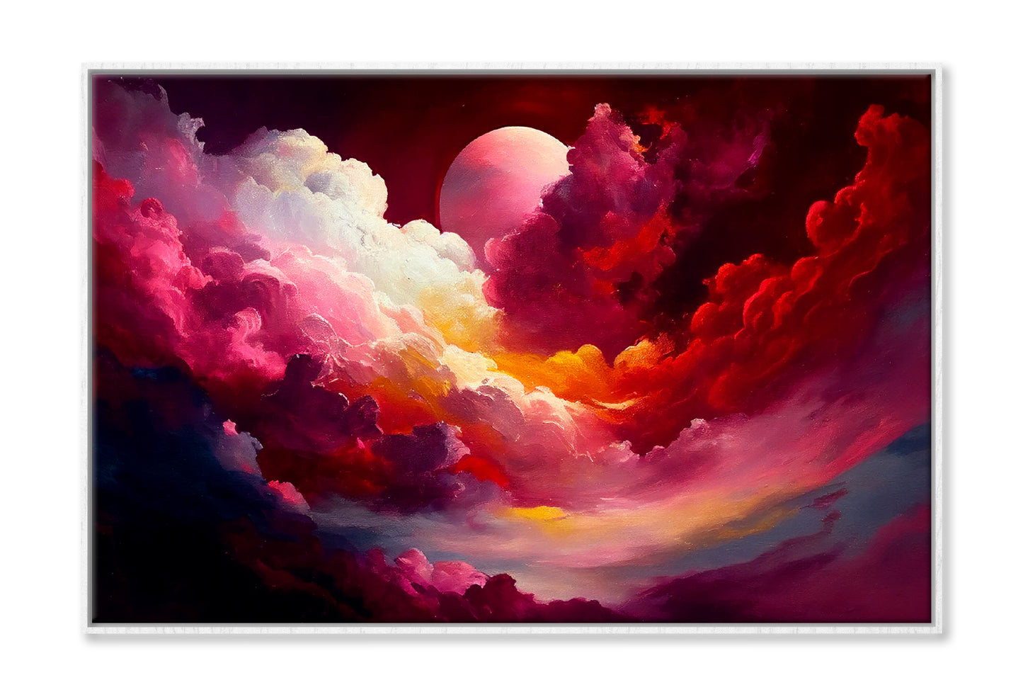 Red Mixed Colorful Cloudy Sky With Moon Oil Painting Limited Edition High Quality Print Canvas Box Framed White