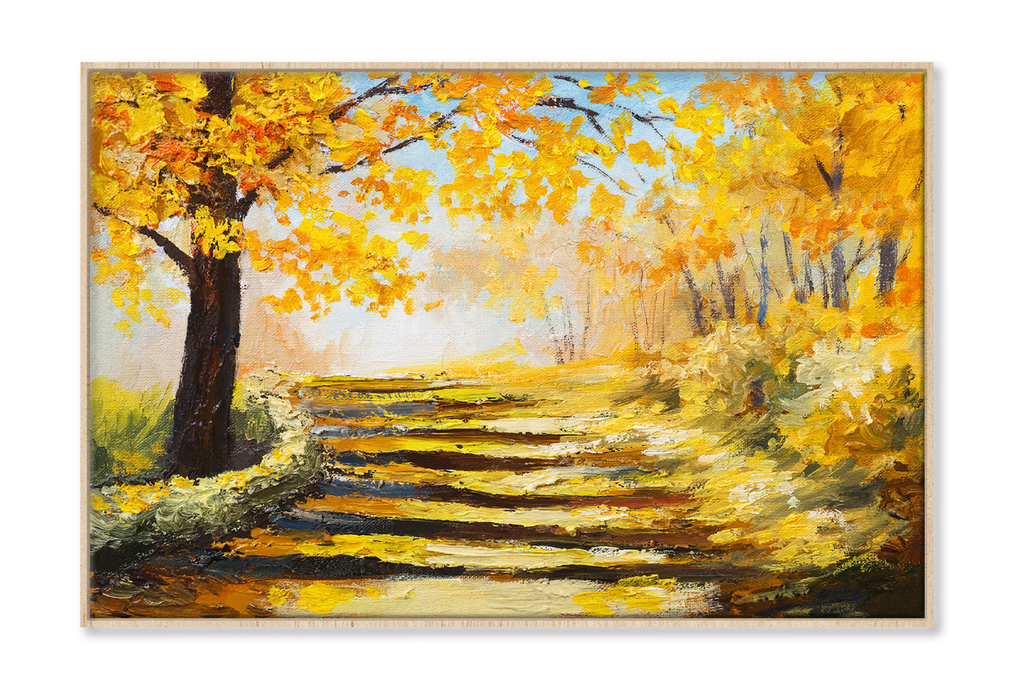 Yellow Autumn Trees & Pathway Oil Painting Wall Art Limited Edition High Quality Print Canvas Box Framed Natural