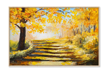 Yellow Autumn Trees & Pathway Oil Painting Wall Art Limited Edition High Quality Print Canvas Box Framed Natural