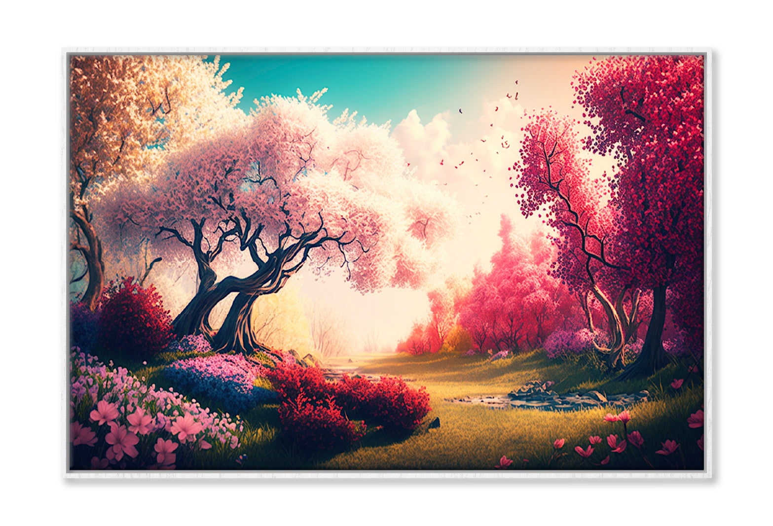 Colorful Blooming Trees Landscape Painting Wall Art Limited Edition High Quality Print Canvas Box Framed White