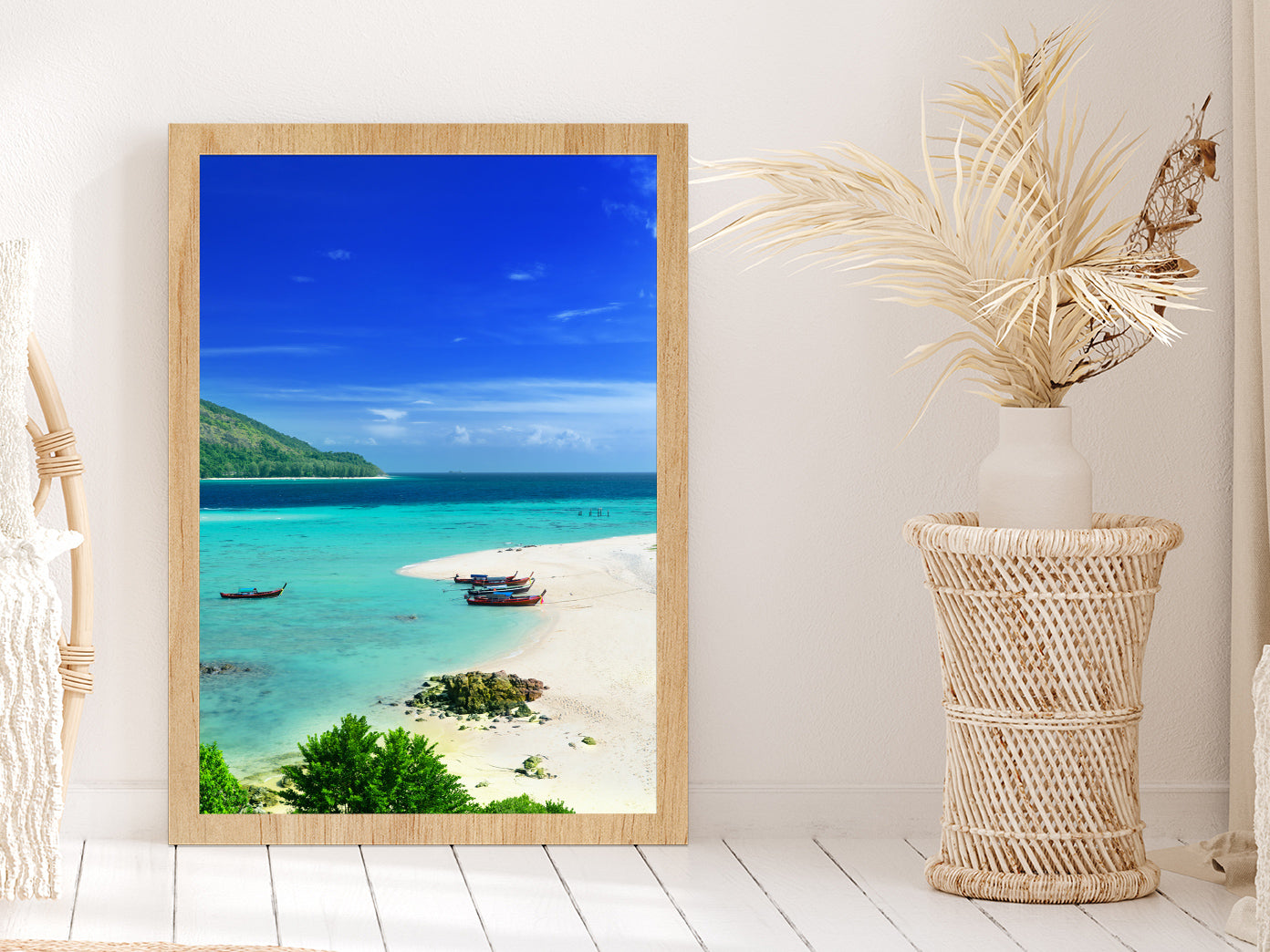 Boats near Lipe Island Blue Sky View Thailand Glass Framed Wall Art, Ready to Hang Quality Print Without White Border Oak