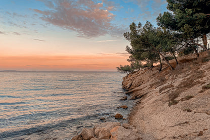 Sunset At the Sea on A Rocky Coast with Pine Trees Home Decor Premium Quality Poster Print Choose Your Sizes