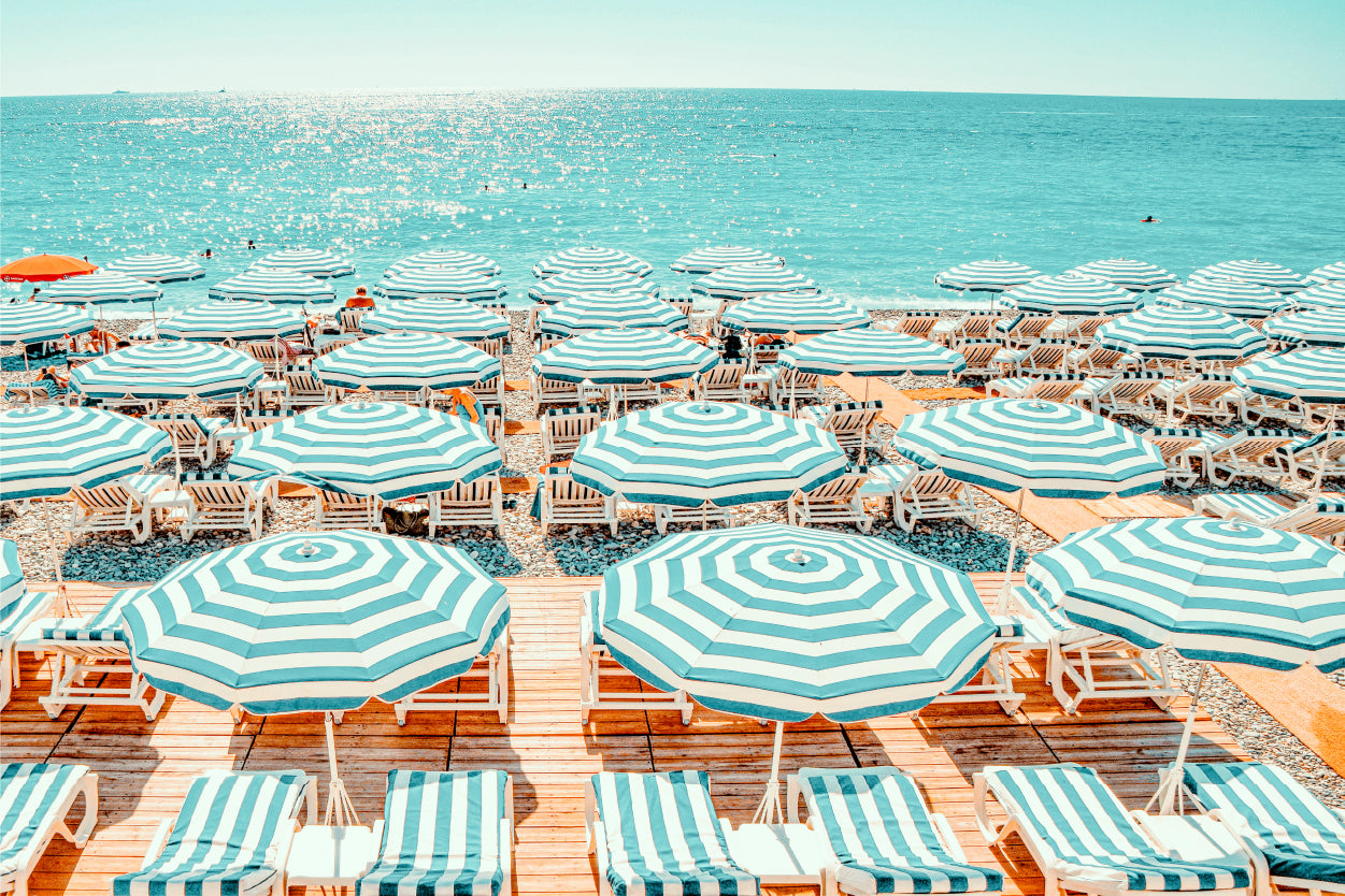 Summer Turquoise and Blue Striped Umbrella French Riviera Beach Wall Art Decor 100% Australian Made