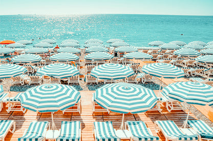 Summer Turquoise and Blue Striped Umbrella French Riviera Beach Wall Art Decor 100% Australian Made