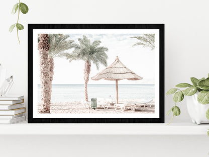 Beach Hut & Chair in Seashore Faded Photograph Glass Framed Wall Art, Ready to Hang Quality Print With White Border Black