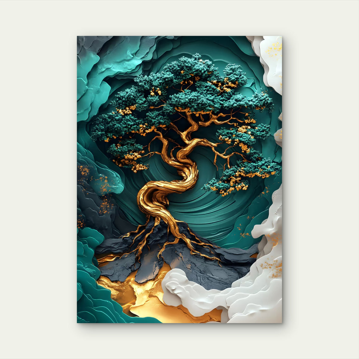 Gold Emerald Twisted Bonsai 60x90cm Metal Print Ready to Hang