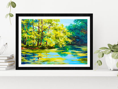 Lake In The Forest Oil Painting Glass Framed Wall Art, Ready to Hang Quality Print With White Border Black