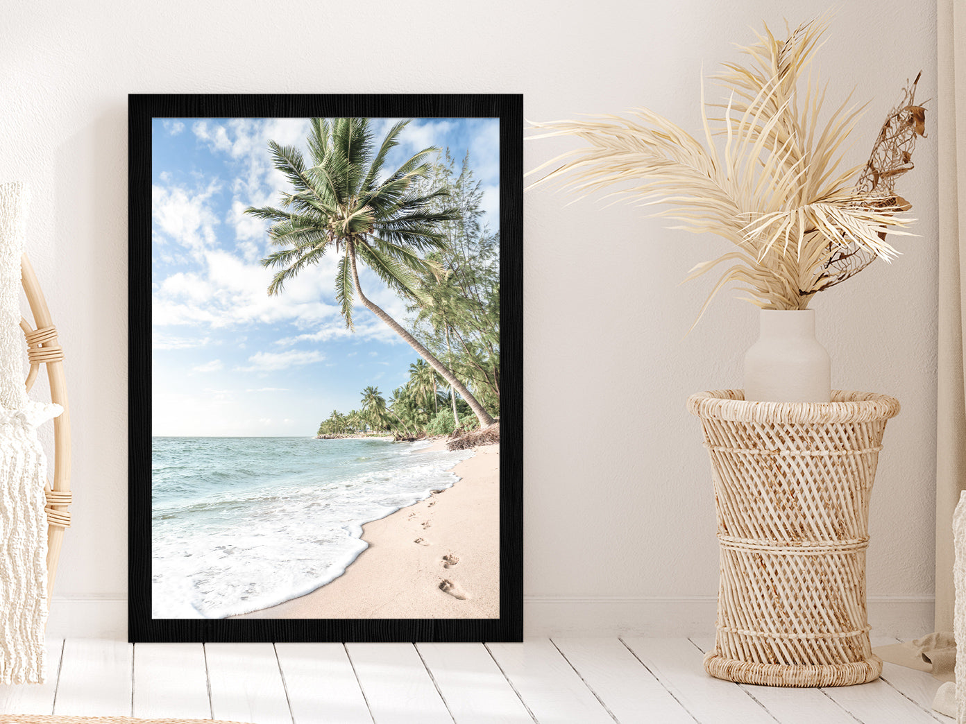 Palm Tree & Sandy Beach View Photograph Glass Framed Wall Art, Ready to Hang Quality Print Without White Border Black