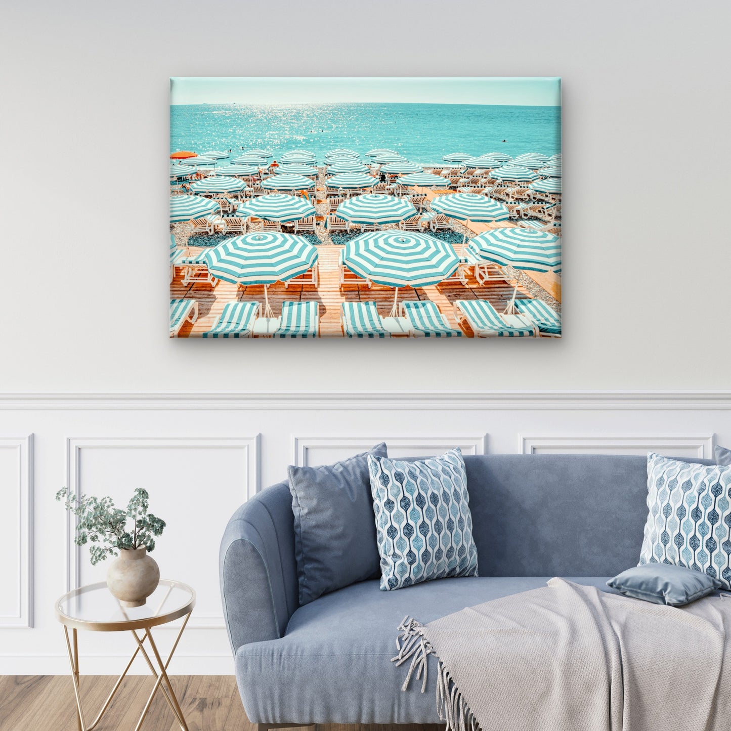 Summer Turquoise and Blue Striped Umbrella French Riviera Beach Wall Art Decor 100% Australian Made