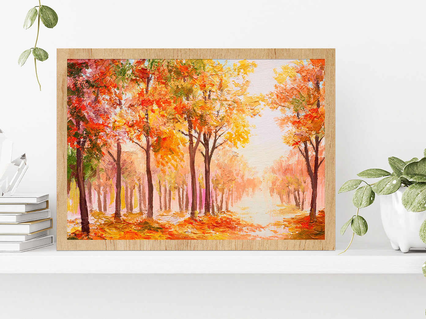 Colorful Autumn Forest Glass Framed Wall Art, Ready to Hang Quality Print Without White Border Oak