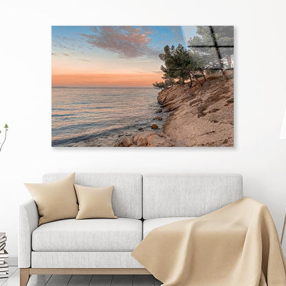 Sunset At the Sea on A Rocky Coast with Pine Trees Acrylic Glass Print Tempered Glass Wall Art 100% Made in Australia Ready to Hang