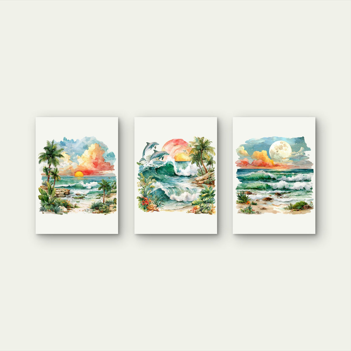 3pcs Hawaii Beach Sunset Dolphin Wall Art Set Canvas Framed 40x60cm - High Quality Print 100% Australian Made Wall Canvas Ready to Hang