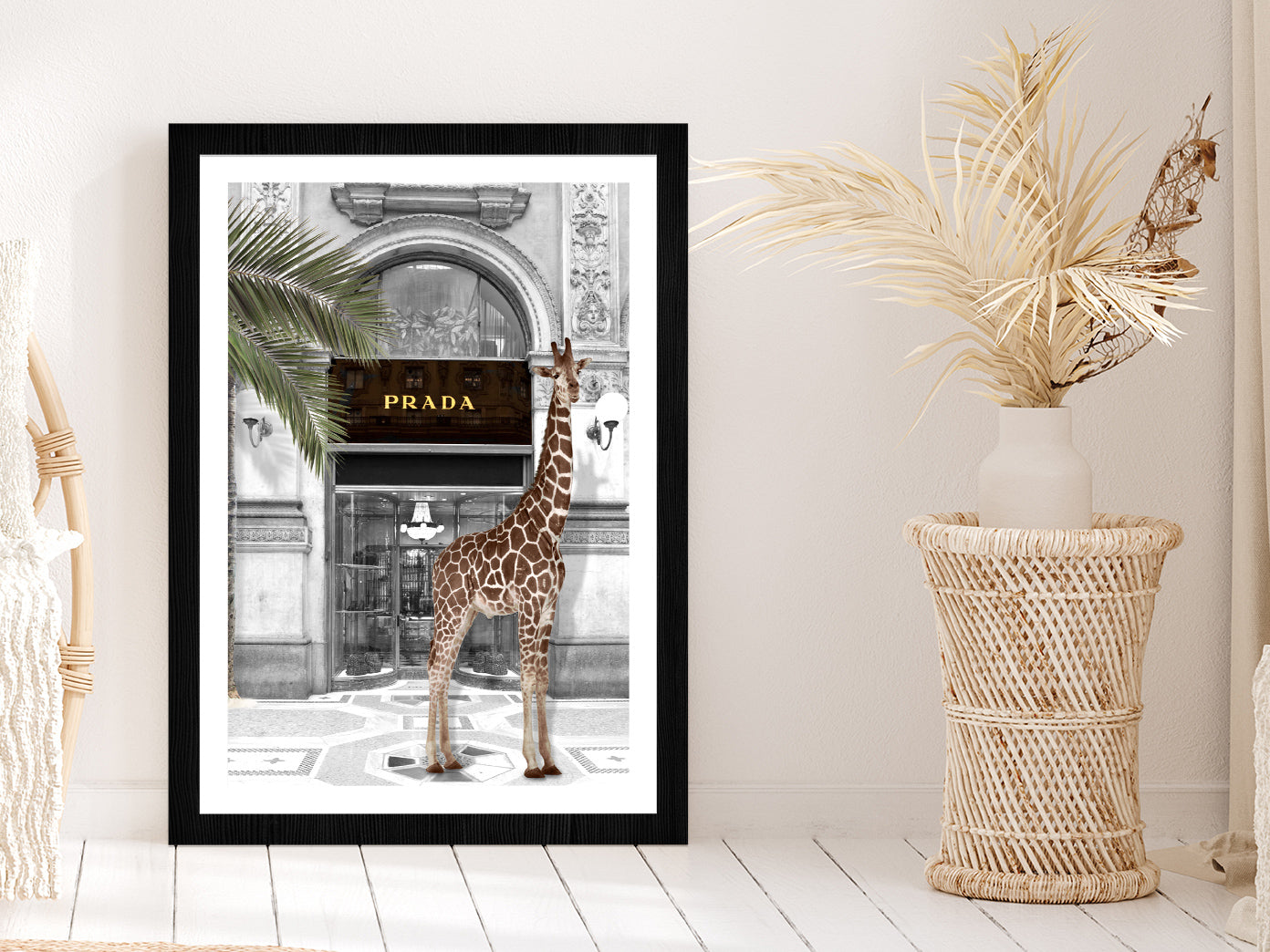 Girrafe near Fashion Store Digital Art Glass Framed Wall Art, Ready to Hang Quality Print With White Border Black