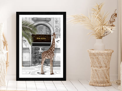 Girrafe near Fashion Store Digital Art Glass Framed Wall Art, Ready to Hang Quality Print With White Border Black