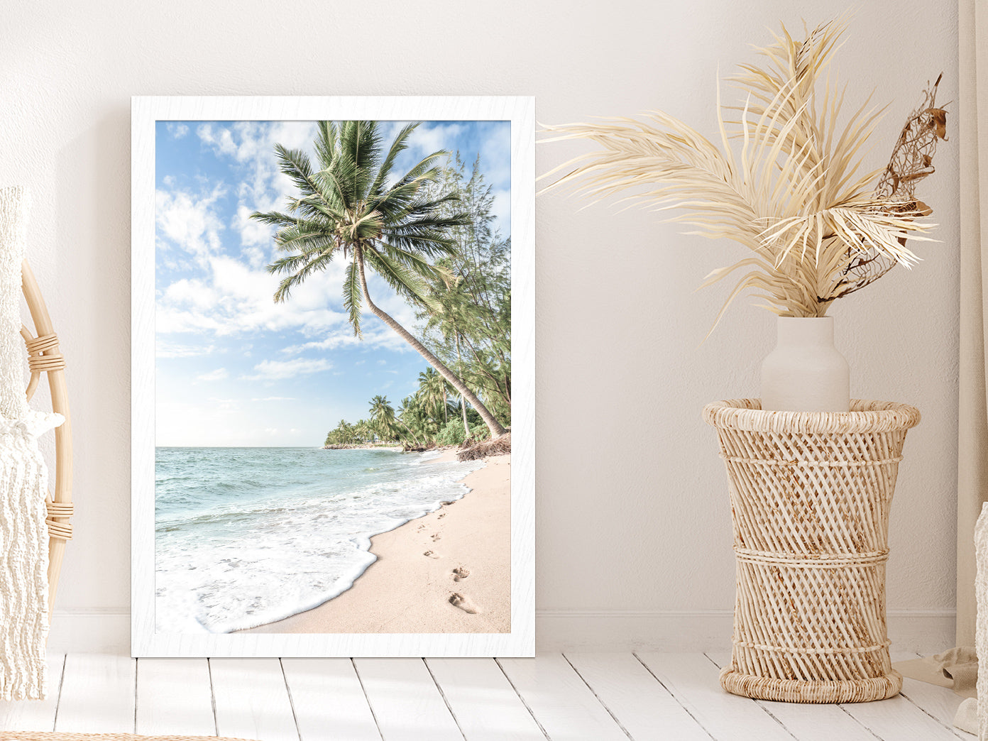 Palm Tree & Sandy Beach View Photograph Glass Framed Wall Art, Ready to Hang Quality Print Without White Border White