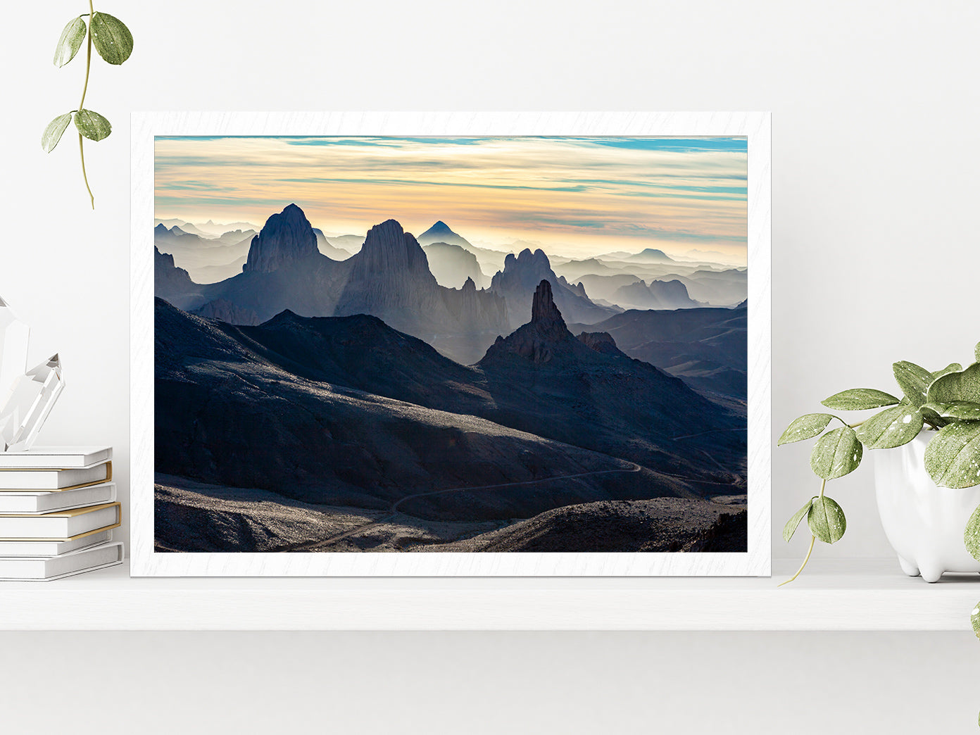 Ahaggar Mountains View At Sunrise Glass Framed Wall Art, Ready to Hang Quality Print Without White Border White