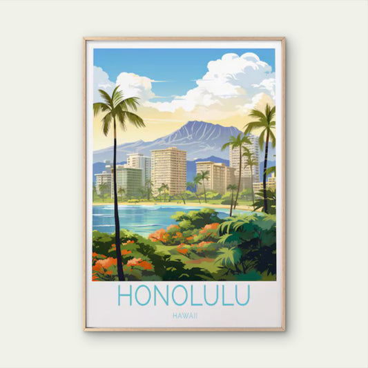 Honolulu Hawaii, Palm Trees & Buildings Travel Poster Print Wall Art