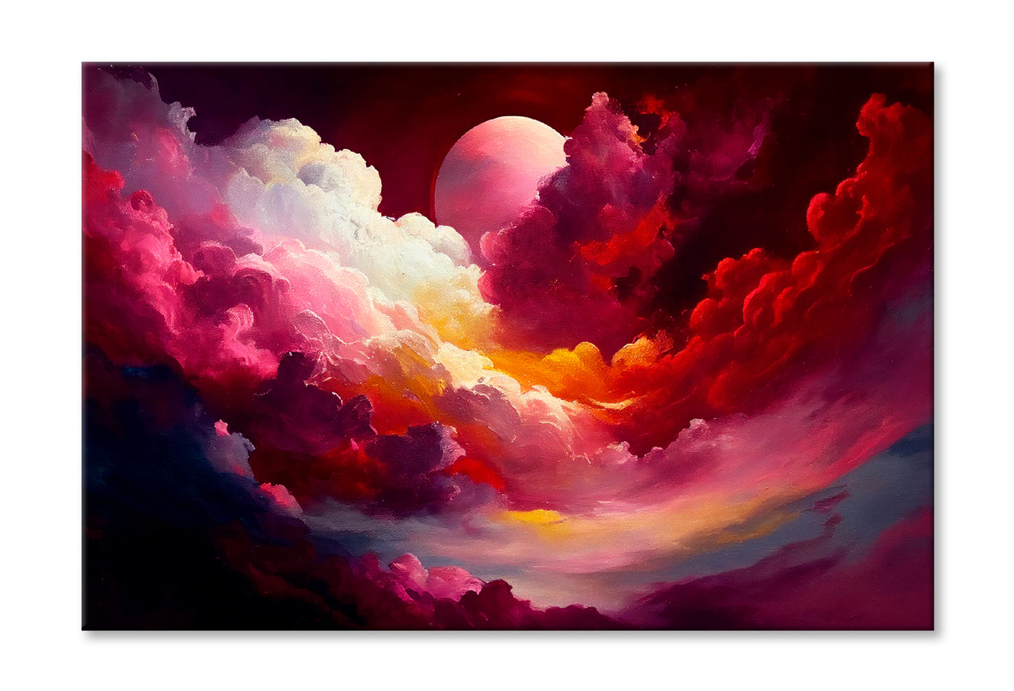 Red Mixed Colorful Cloudy Sky With Moon Oil Painting Limited Edition High Quality Print Stretched Canvas None