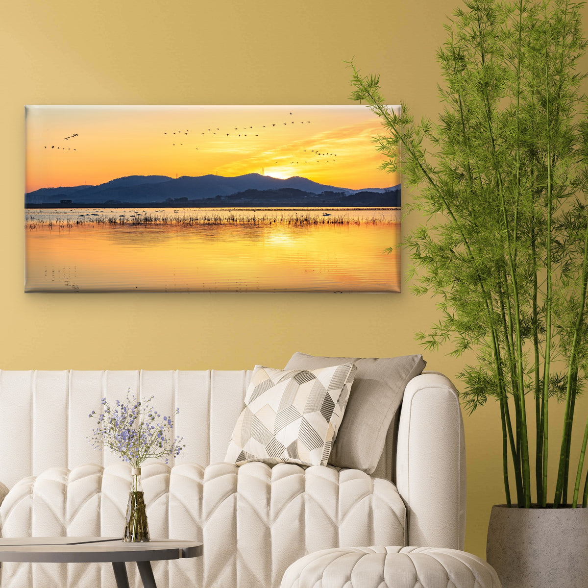 Sunset Lake Birds Flying Horizon Wall Art Canvas Office Home Room Framed 120x60cm