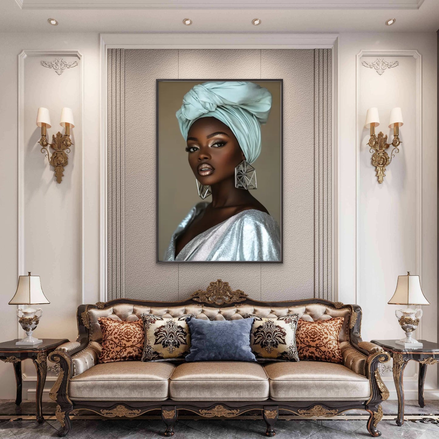 African Woman with Silvery Dress and Turban Painting Fashion Home Decor Premium Quality Poster Print Choose Your Sizes