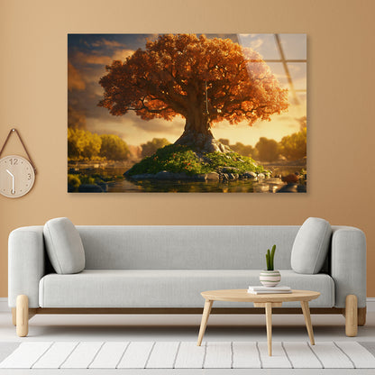 A Tree with Orange Leaves with Cloudy Sky Acrylic Glass Print Tempered Glass Wall Art 100% Made in Australia Ready to Hang