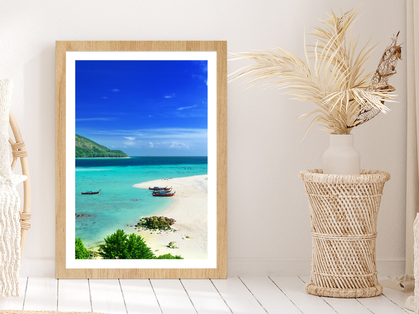 Boats near Lipe Island Blue Sky View Thailand Glass Framed Wall Art, Ready to Hang Quality Print With White Border Oak