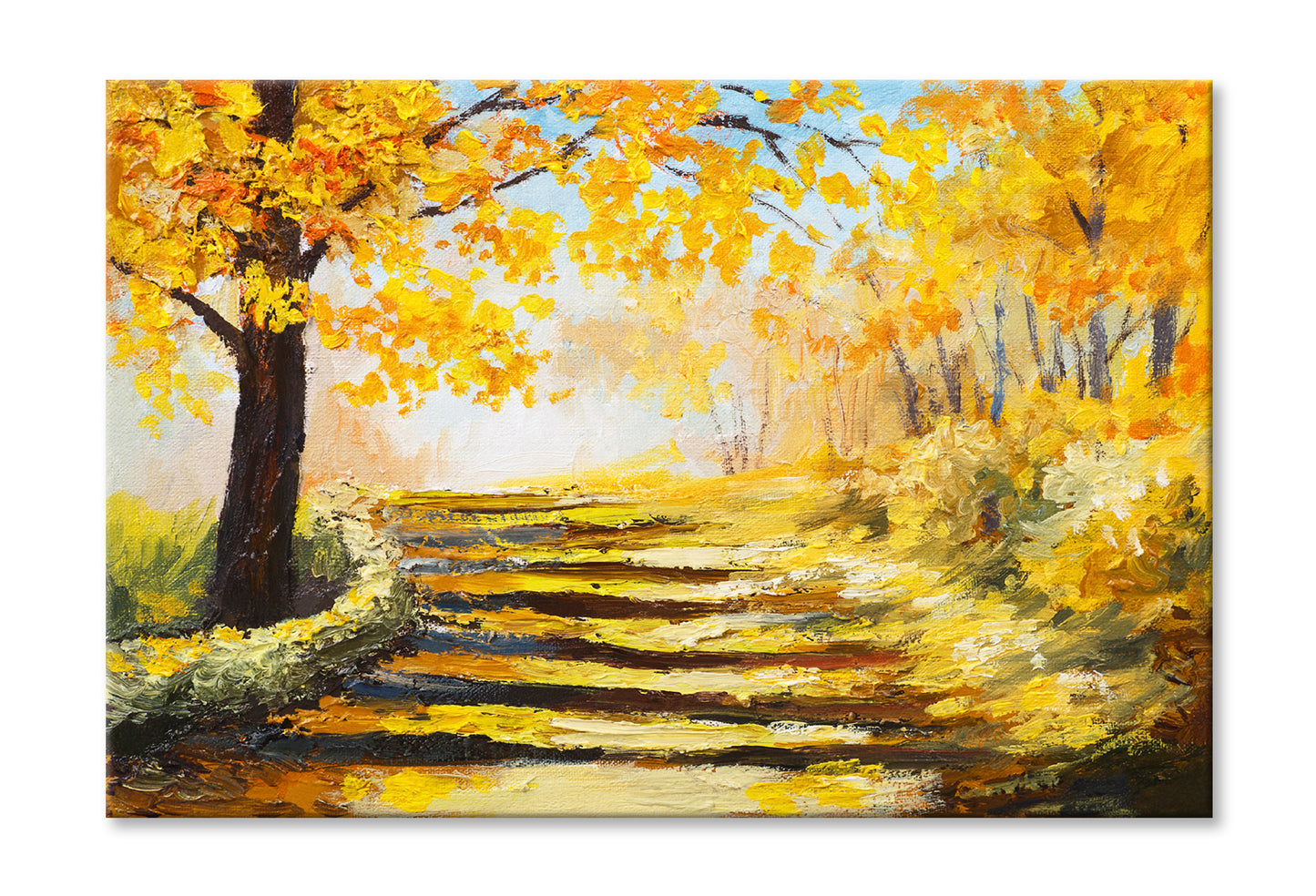 Yellow Autumn Trees & Pathway Oil Painting Wall Art Limited Edition High Quality Print Stretched Canvas None