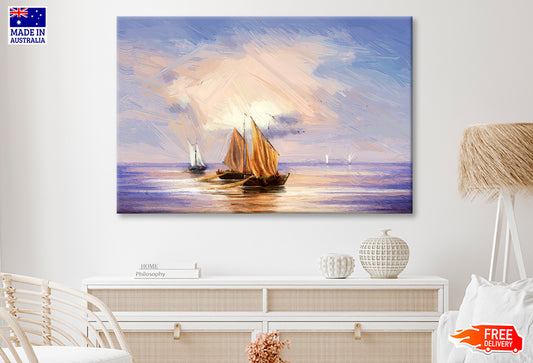 Fishing Boats & Cloudy Sky Sea Oil Painting Wall Art Limited Edition High Quality Print